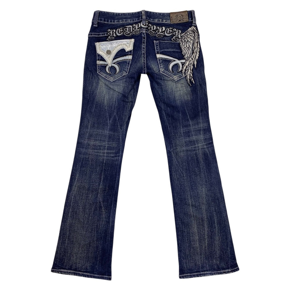 00s【REDPEPPER】Wing Embroidered Y2K Jeans Red Pepper Angel Wing Embroidered Low Rise Flared Jeans – BY2K
