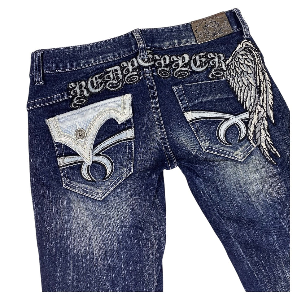 00s【REDPEPPER】Wing Embroidered Y2K Jeans Red Pepper Angel Wing Embroidered Low Rise Flared Jeans – BY2K