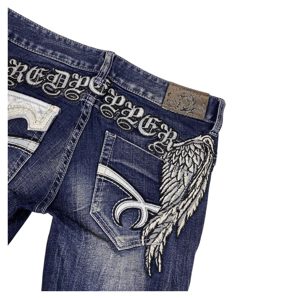Red Pepper Angel Wing Embroidered Low Rise Flared Jeans