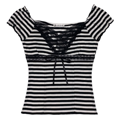 Healthy Karen Striped Lace Milkmaid Top